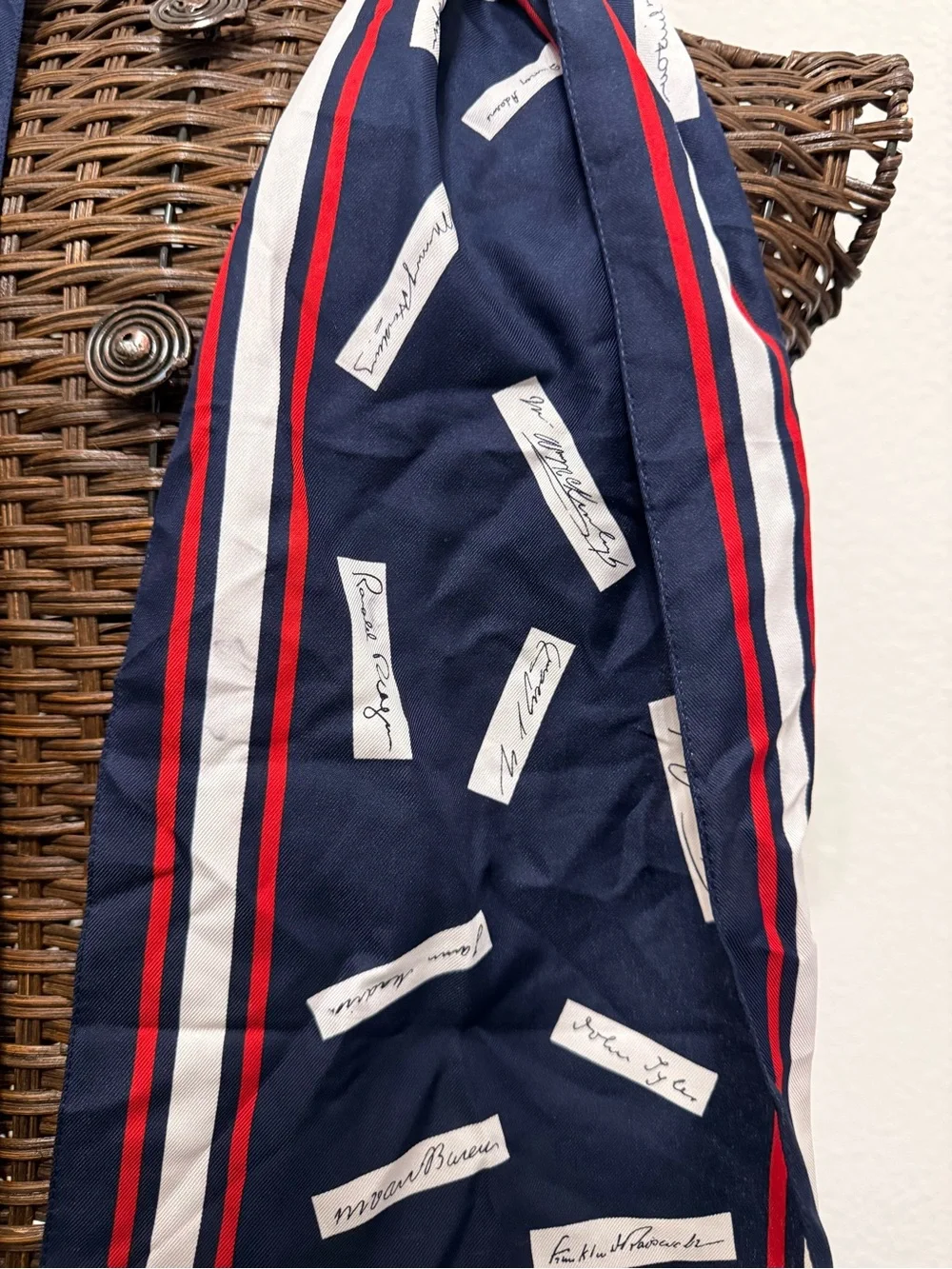 Navy Red White Striped Silk Scarf